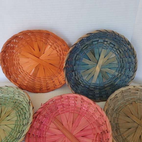 7 Wicker Paper Plate Holders Baskets 9" Vintage Rattan Round Boho Raffia Straw - Picture 4 of 8